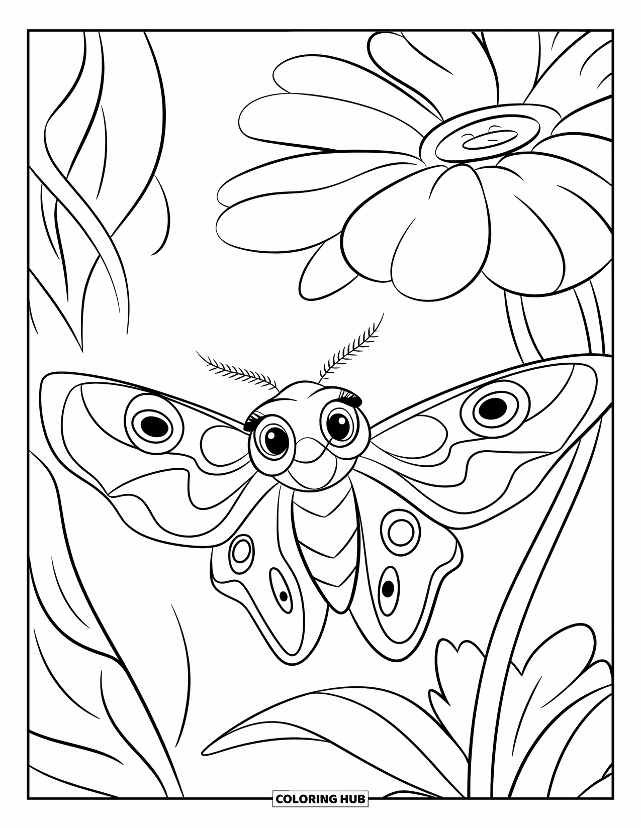 Moth Coloring Page for Kids: A moth with soft wings and big eyes flies near a pink-petaled flower