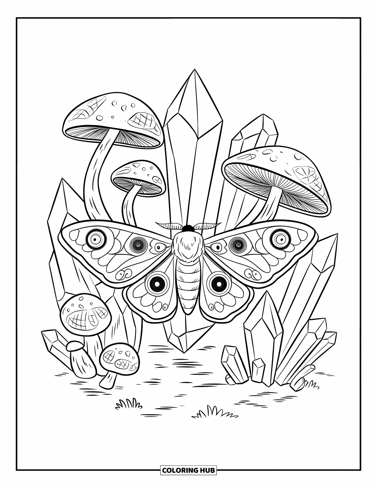 Moth Coloring Page for Kids: A moth with swirly wings explores mushrooms and crystals on forest ground