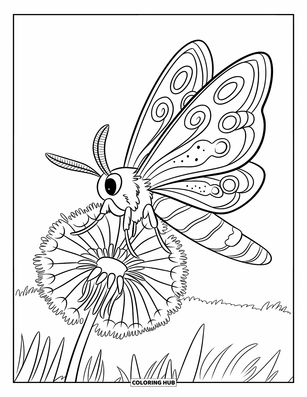 Moth Coloring Page for Kids: A patterned moth lands on a fluffy dandelion puff in a green open field
