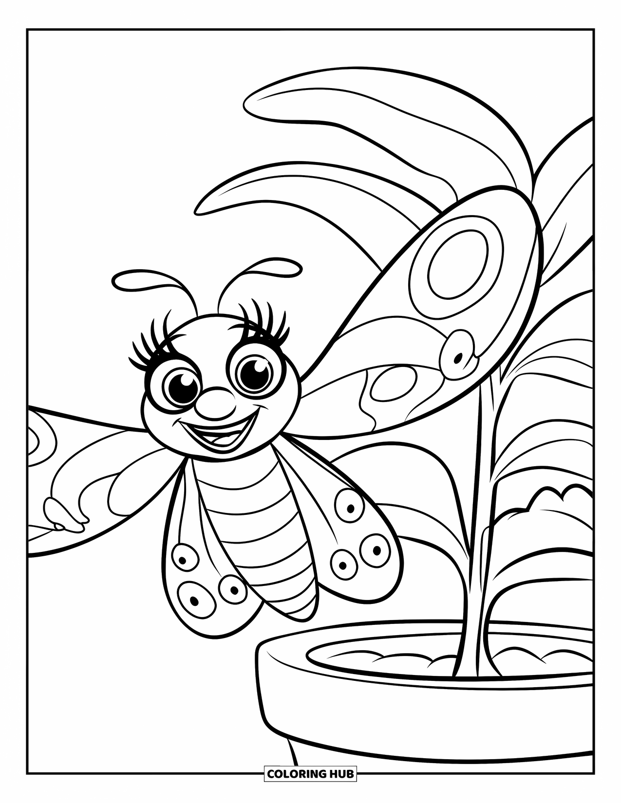Moth Coloring Page for Kids: A smiling moth dances near a potted plant with leafy stems
