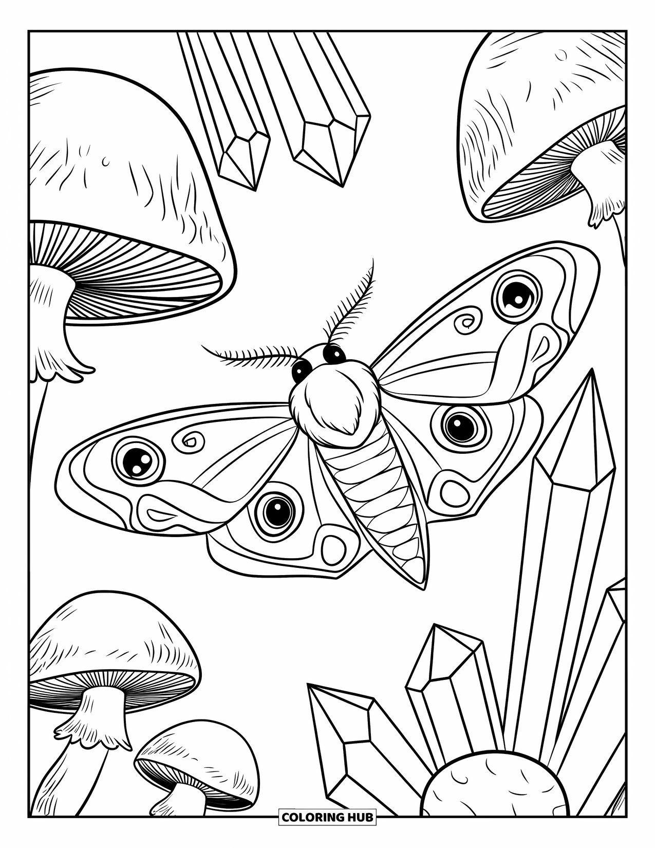 Moth Coloring Page for Kids: An ornate-winged moth flies near mushrooms and crystals in a quiet forest
