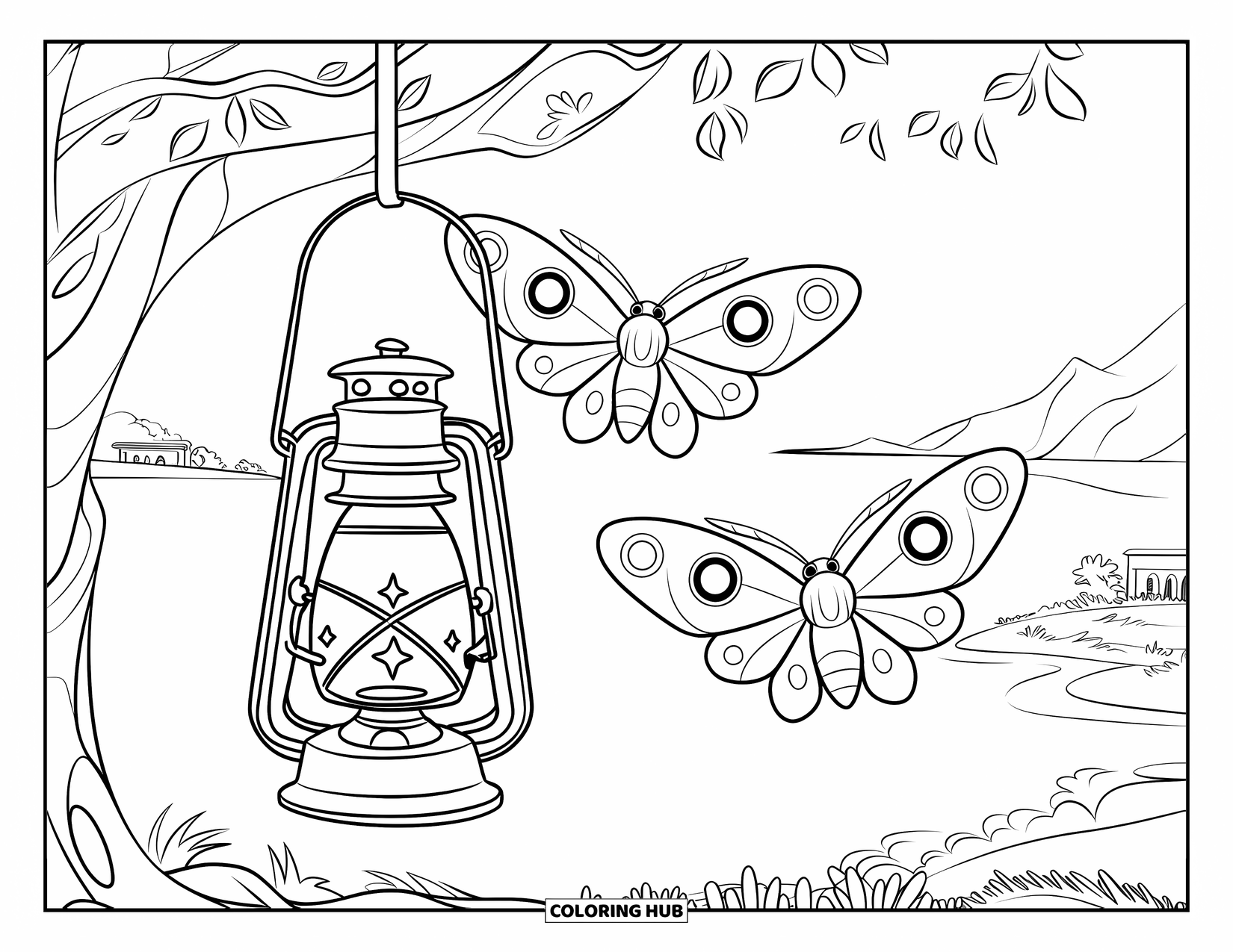 Moth Coloring Page for Kids: Moths flutter near a glowing lantern in a mountain scene with water and trees