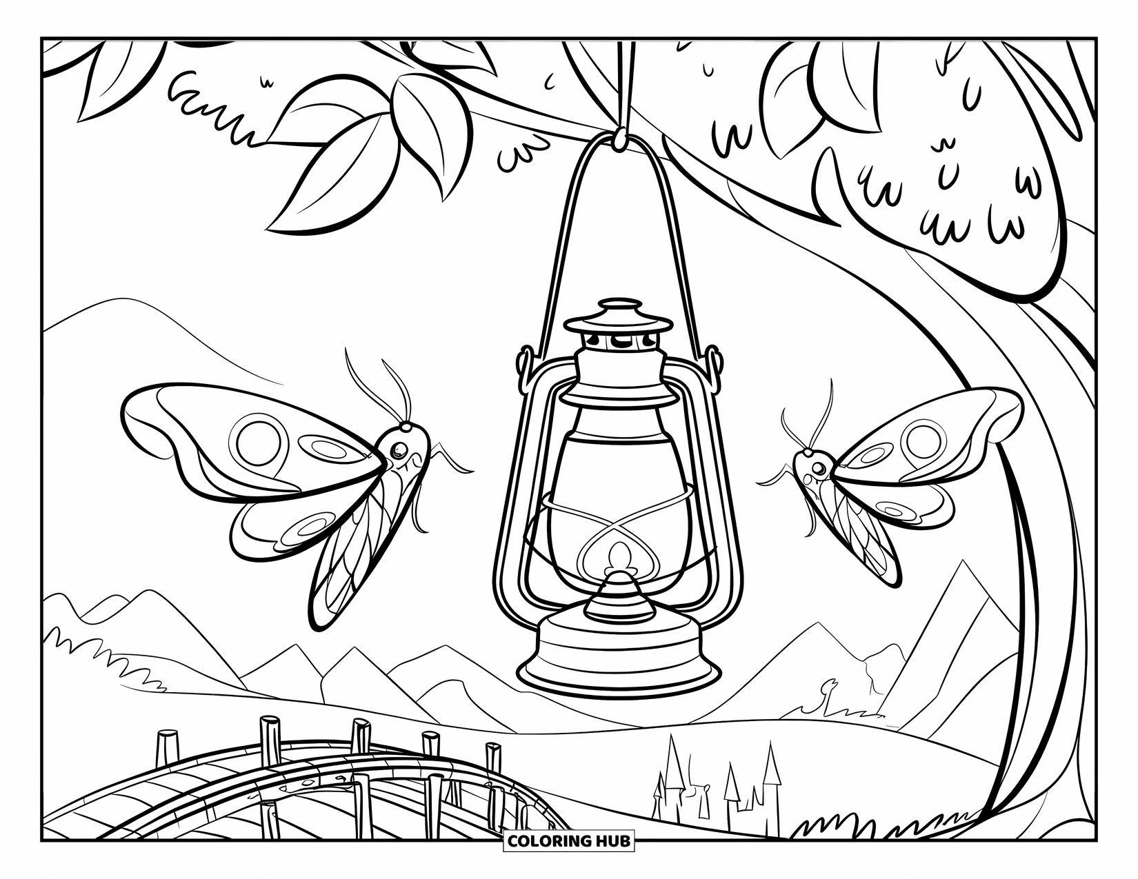 Moth Coloring Page for Kids: Moths fly near a patterned lantern hanging beside a bridge and distant castle
