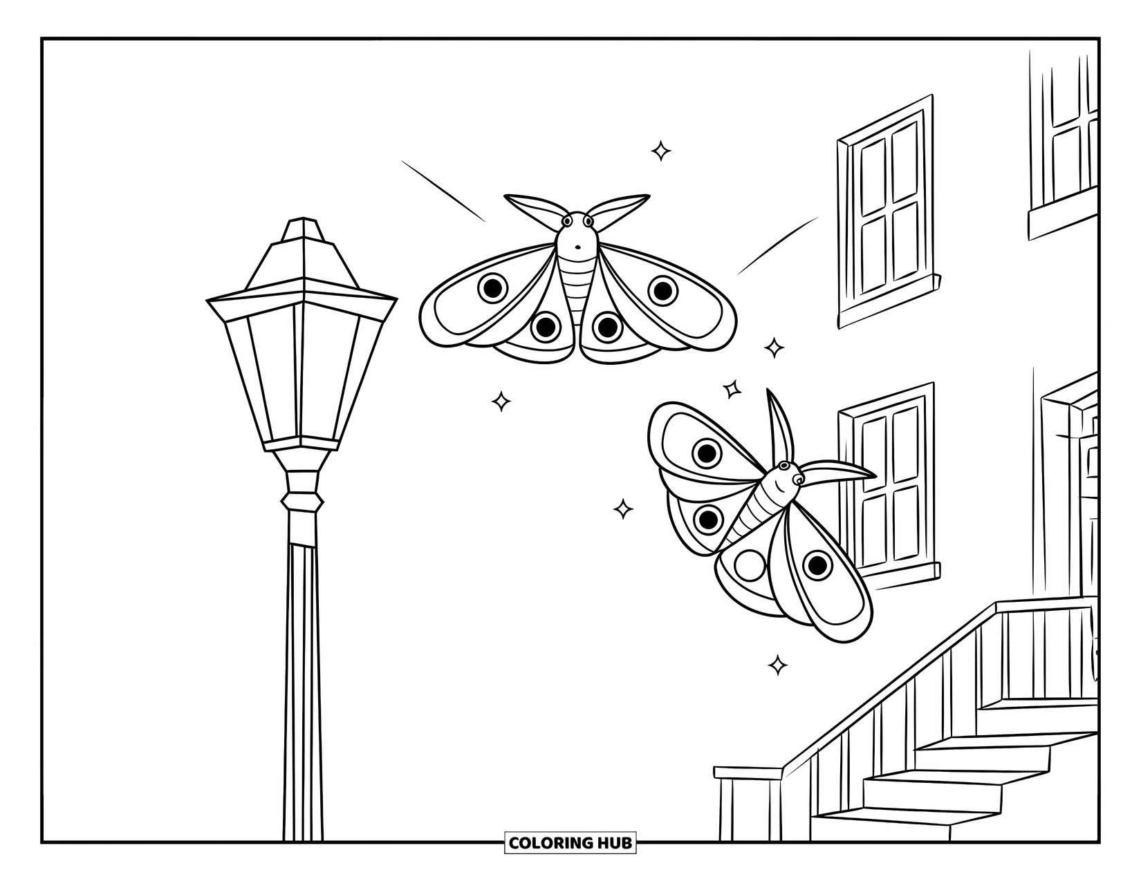 Moth Coloring Page for Kids: Moths swirl around a glowing lamp beside a house with stairs