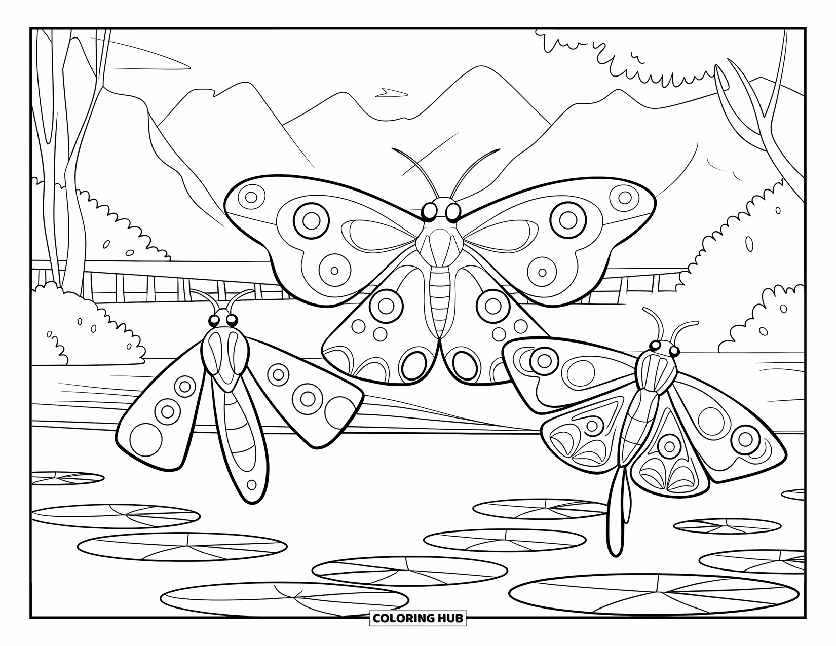 Moth Coloring Page for Kids: Three moths dance above a lily pond surrounded by mountains, trees, and a bridge