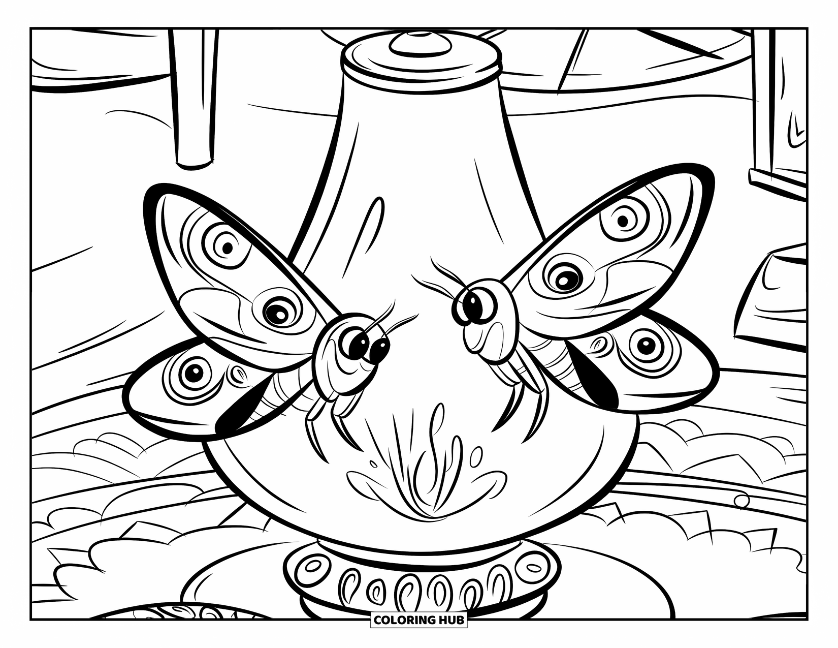 Moth Coloring Page for Kids: Two moths circle around a glowing lamp on a small table
