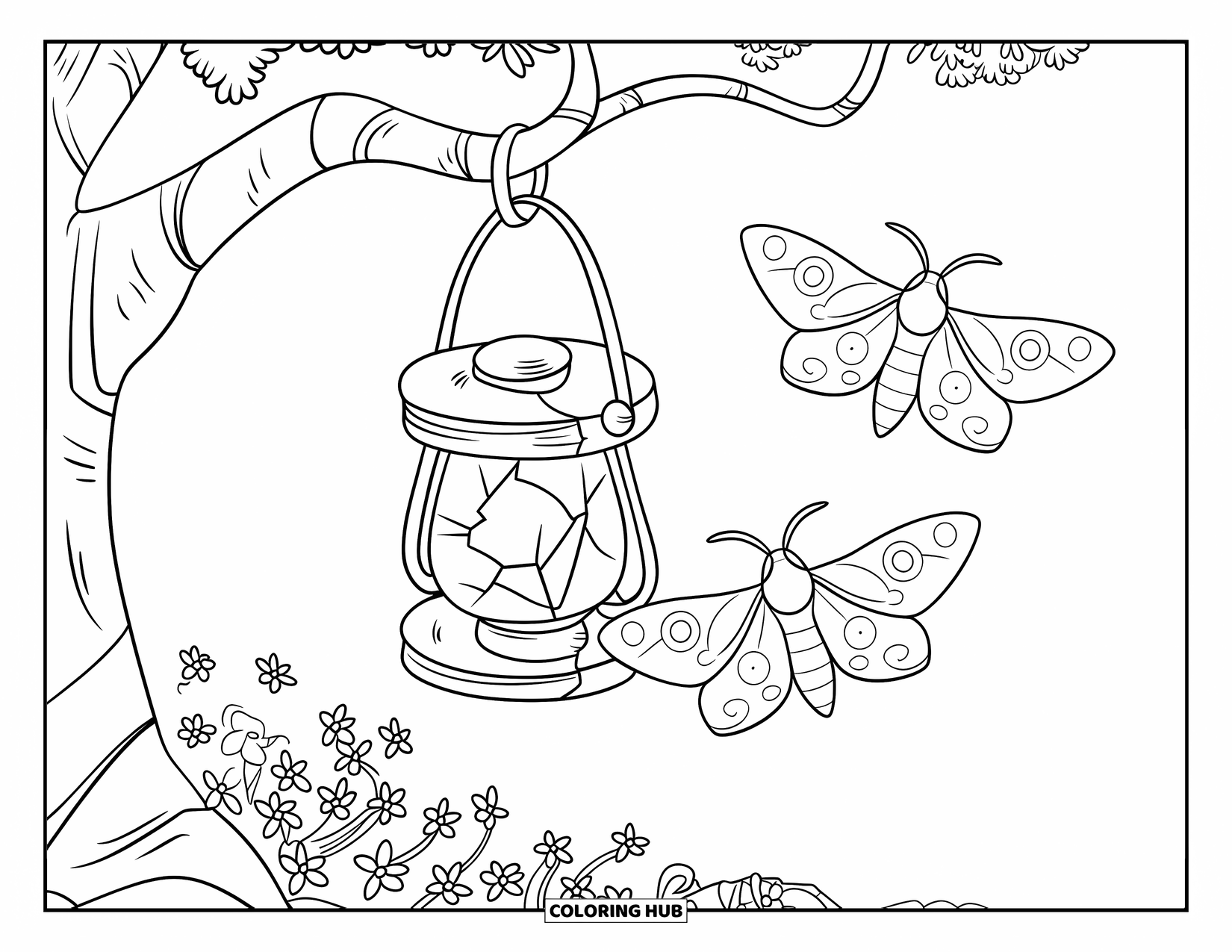 Moth Coloring Page for Kids: Two moths hover near a cracked bamboo lantern above a field of flowers