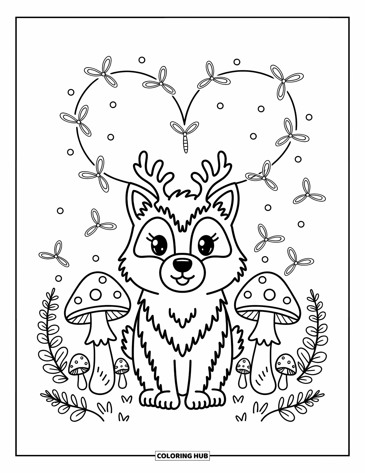 Mythical Wolf Coloring Page for Adults: Antlered wolf stands proudly as fireflies form a heart above its head