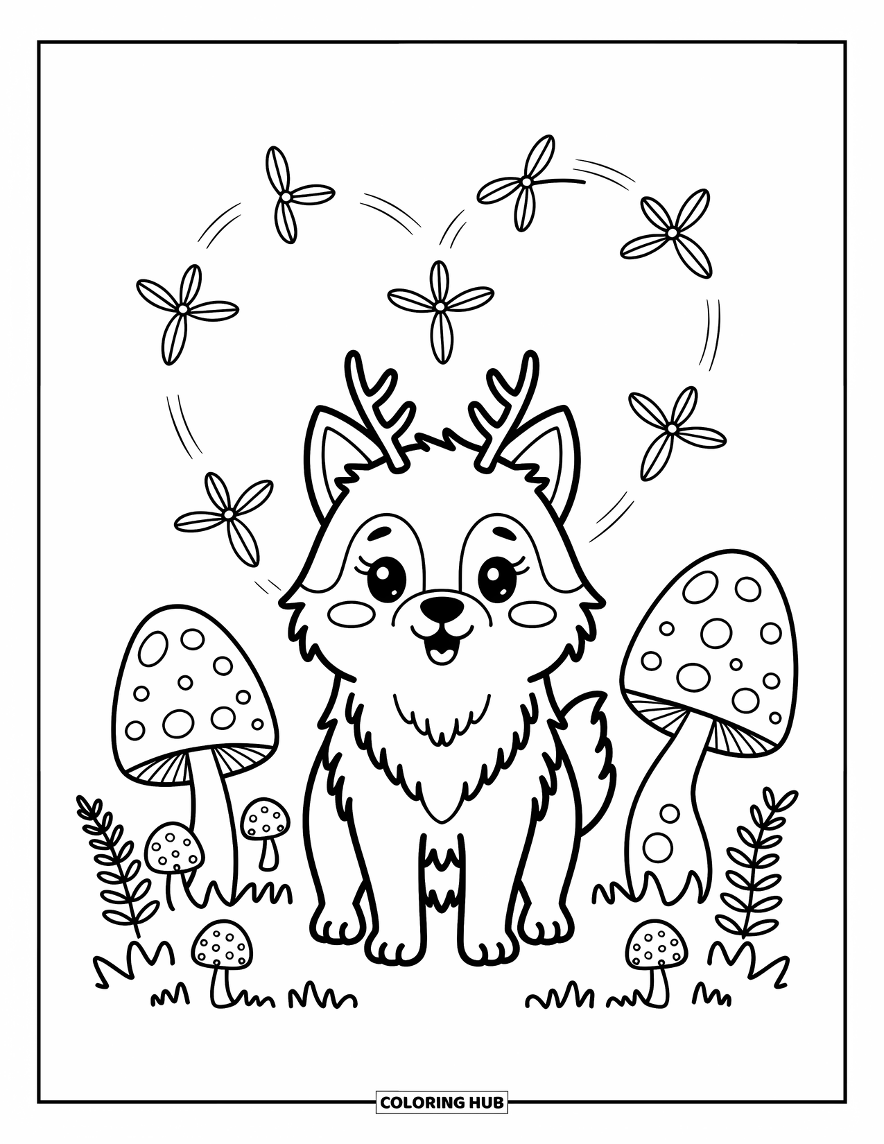 Mythical Wolf Coloring Page for Adults: Cute wolf with antlers and fireflies glows in a cozy forest clearing