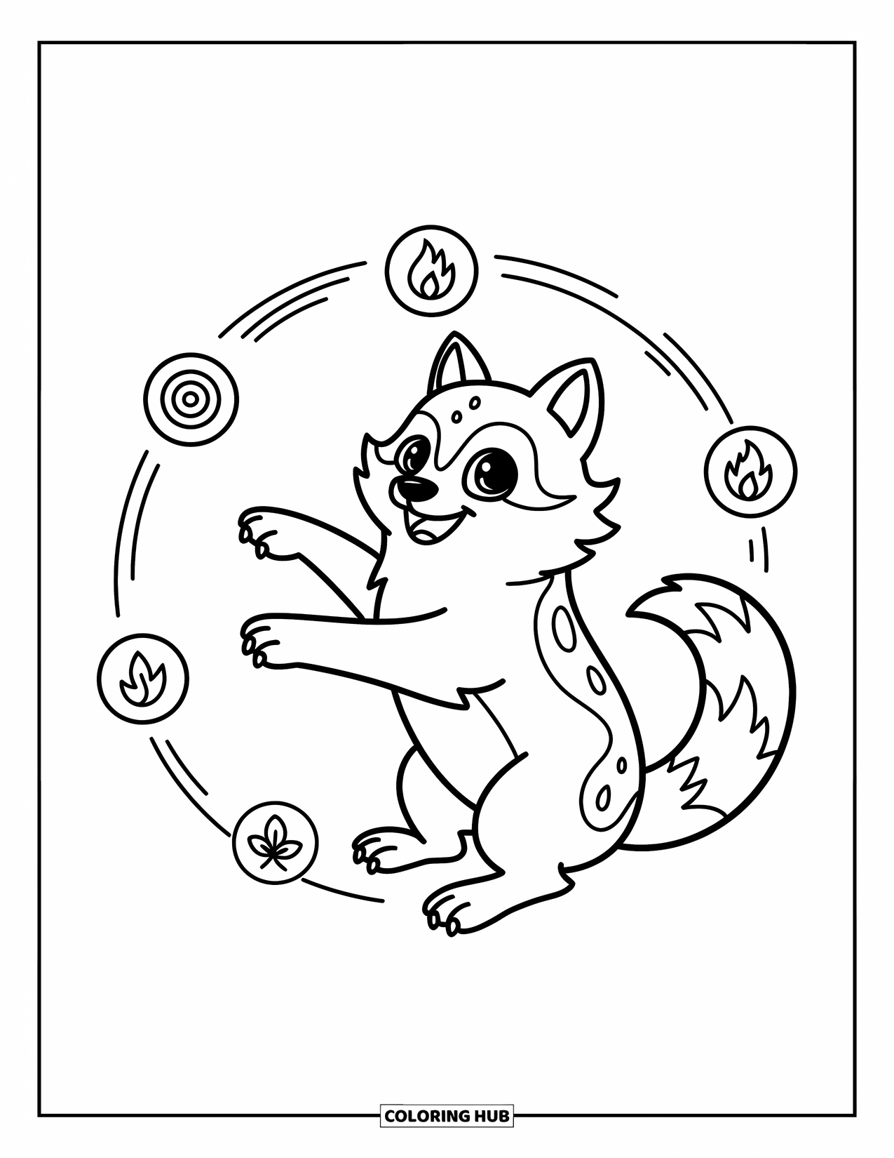 Mythical Wolf Coloring Page for Adults: Joyful wolf twirls as four tiny nature elements hover in the air