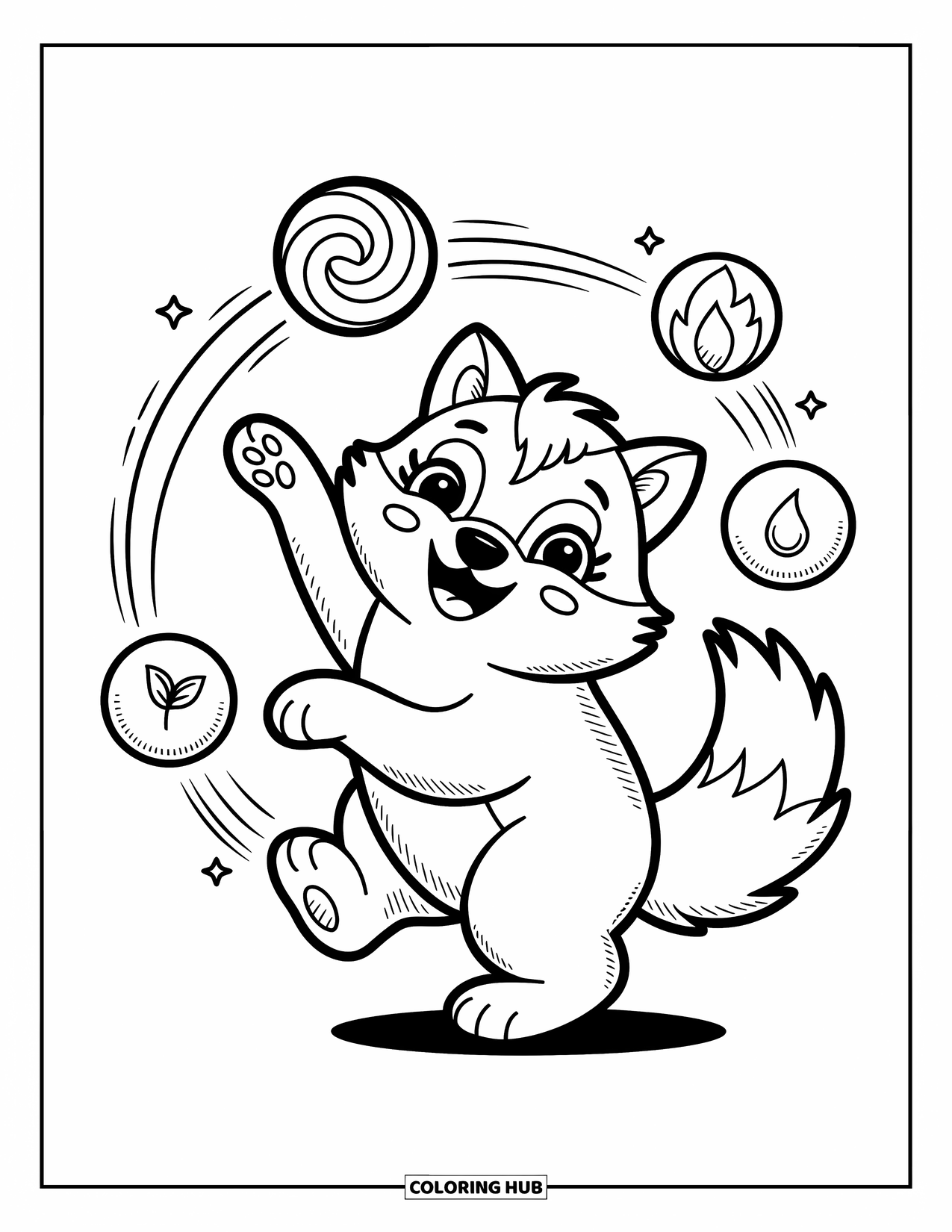 Mythical Wolf Coloring Page for Adults: Magical wolf spins in a playful pose with floating orbs of nature