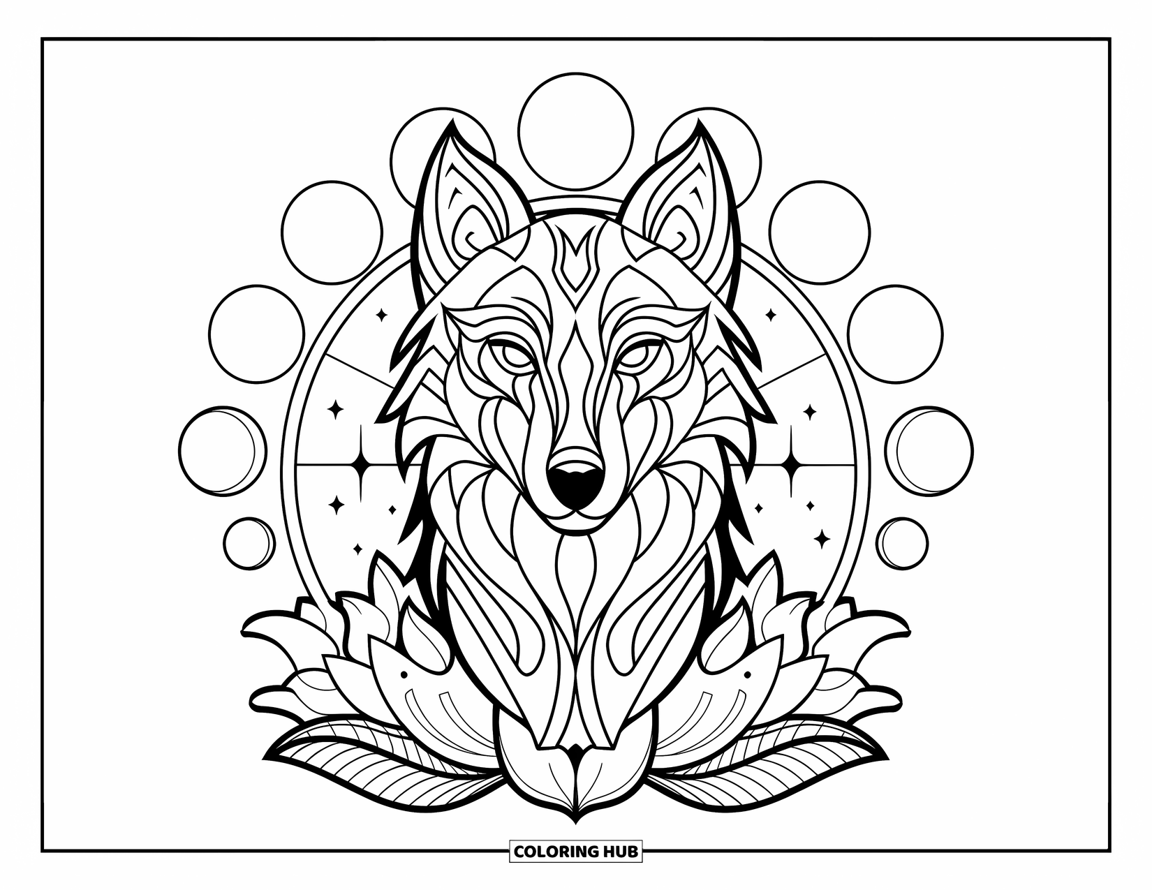 Mythical Wolf Coloring Page for Adults: Mystical wolf faces forward, framed by lotus petals and moon phases
