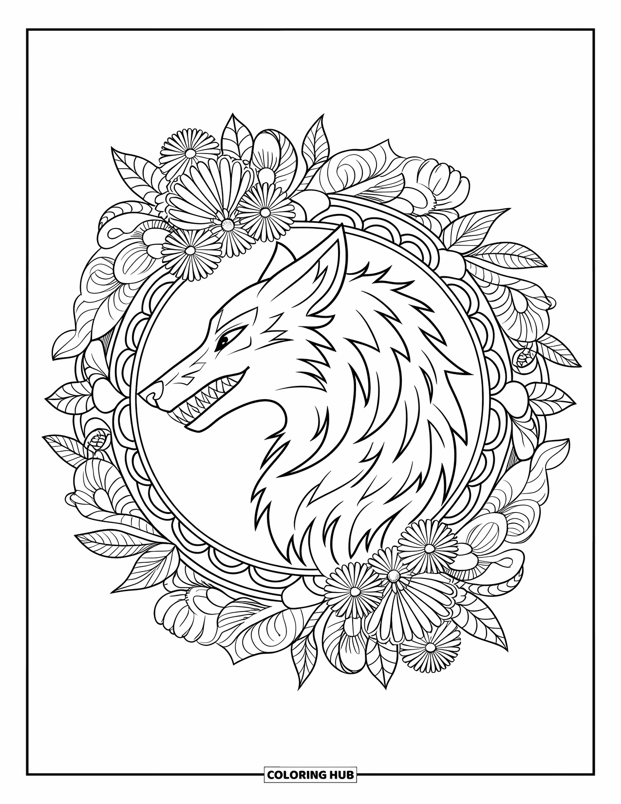 Mythical Wolf Coloring Page for Adults: Mythical wolf in profile stands inside a mandala of swirling flowers and vines