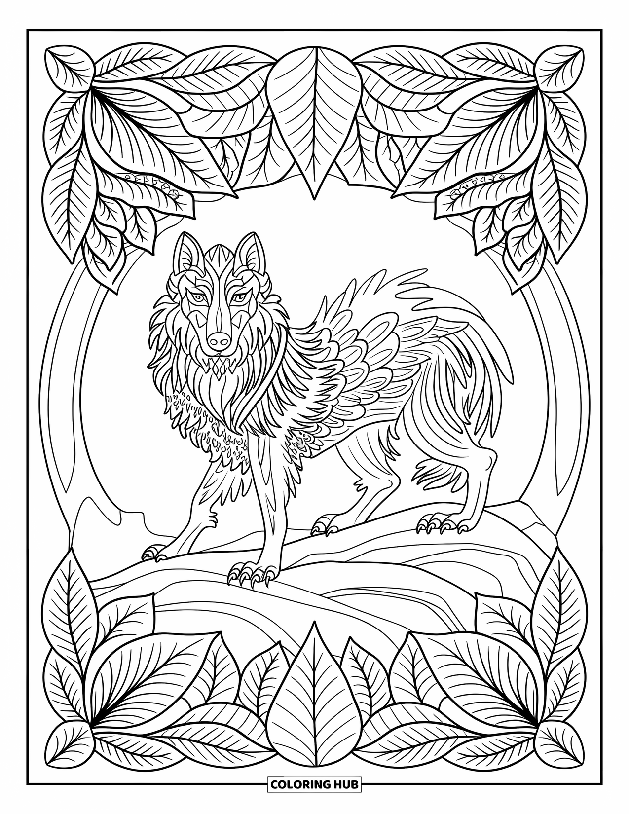Mythical Wolf Coloring Page for Adults: Mythical wolf stands strong in a leaf-framed scene with elegant bold lines