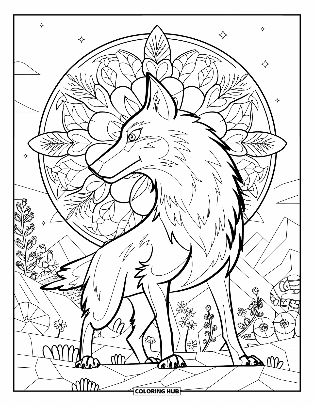 Mythical Wolf Coloring Page for Adults: Noble wolf stands on rocks, framed by a floral mandala and mountain sky