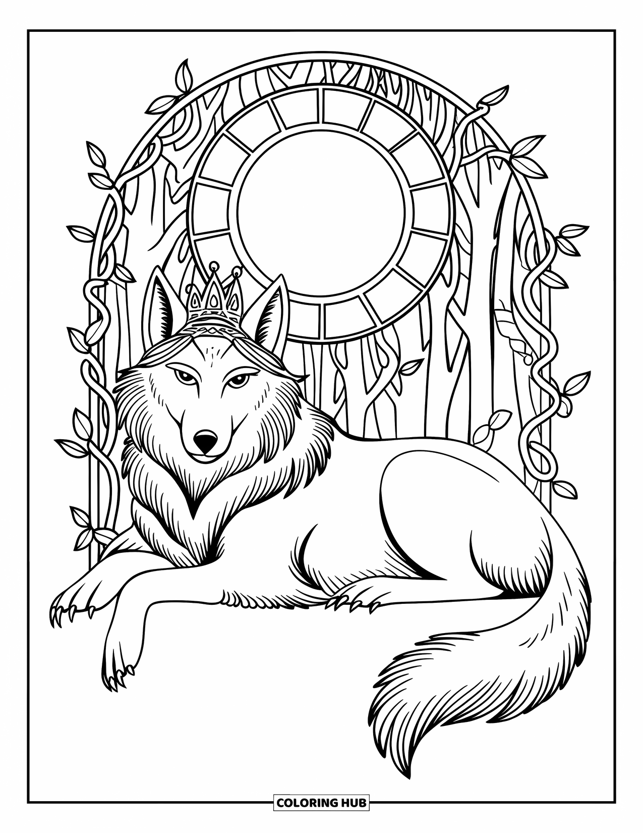 Mythical Wolf Coloring Page for Adults: Peaceful magical wolf rests under vine arches and a stained glass moon