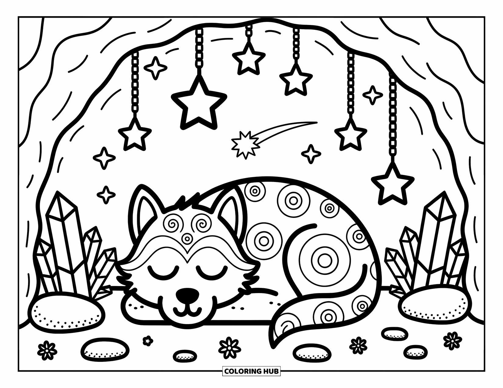 Mythical Wolf Coloring Page for Adults: Peaceful wolf curls up in a starry cave surrounded by glowing crystals
