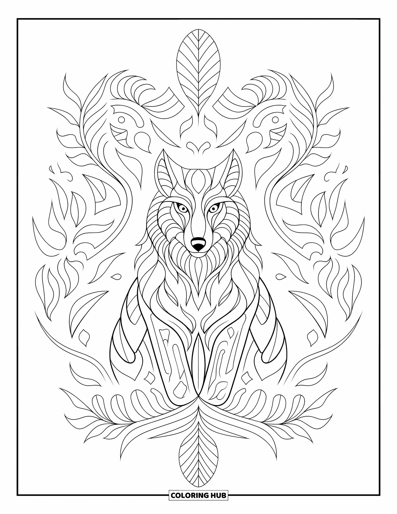 Mythical Wolf Coloring Page for Adults: Regal wolf with feathered fur stands among swirling leaves and nature patterns