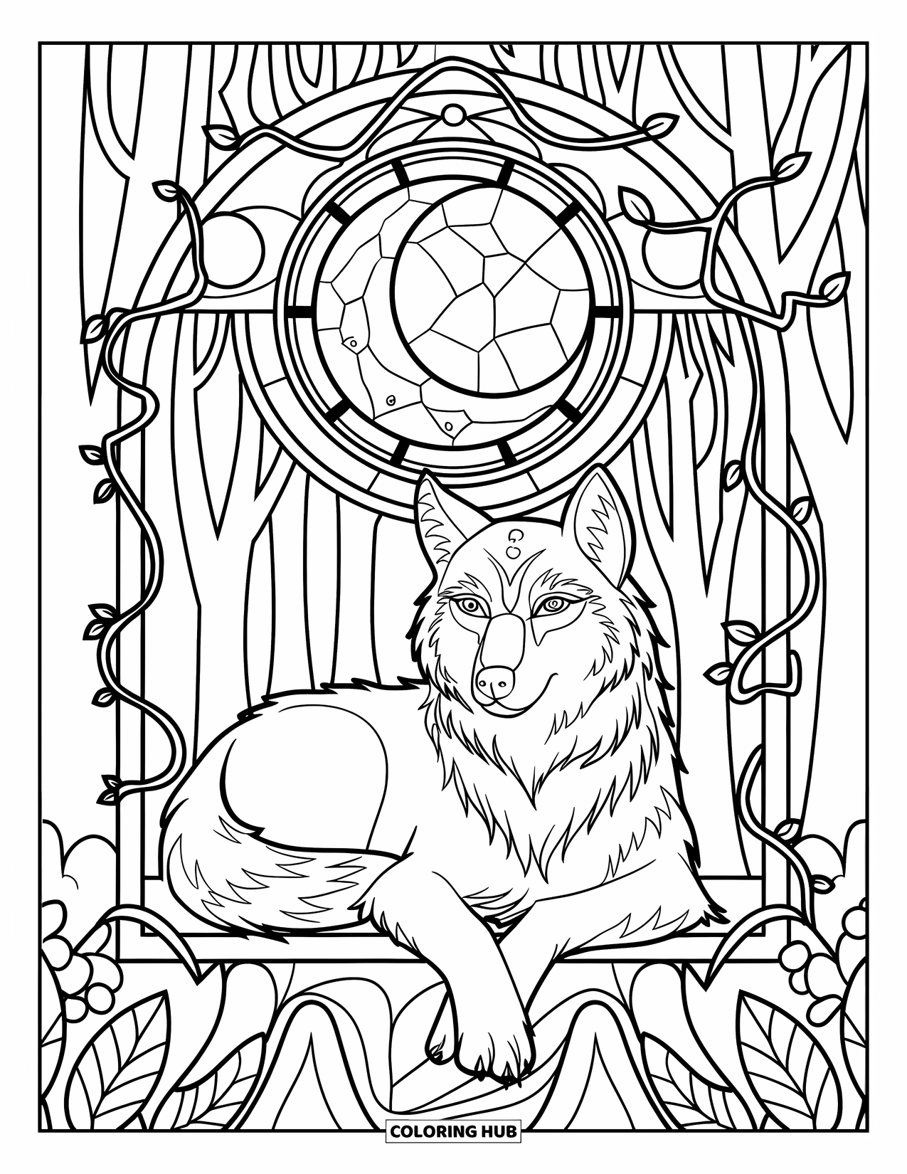 Mythical Wolf Coloring Page for Adults: Serene wolf rests with a crown beneath vine arches and a cracked moon