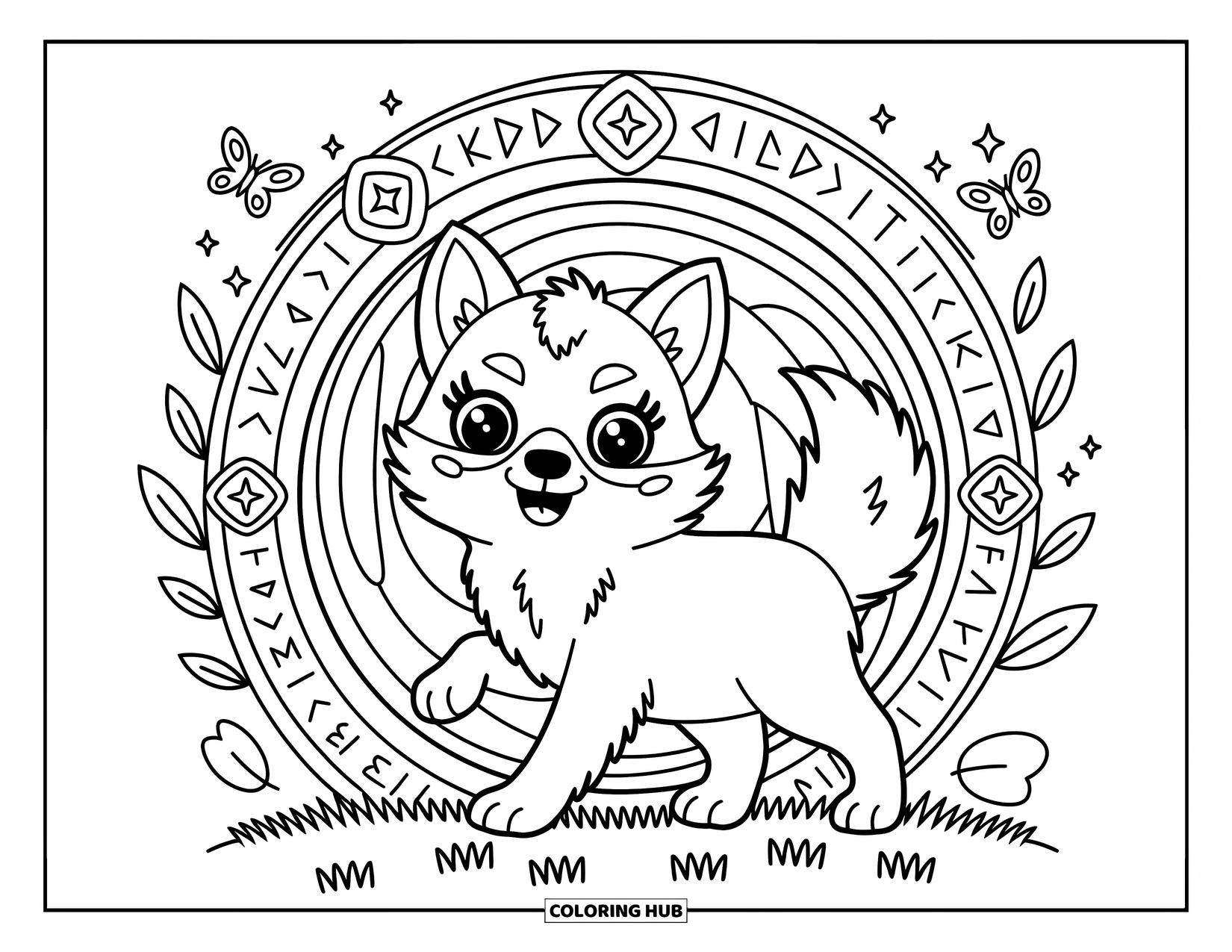 Mythical Wolf Coloring Page for Adults: Smiling wolf enters a magical portal wrapped in cozy vines and tiny runes