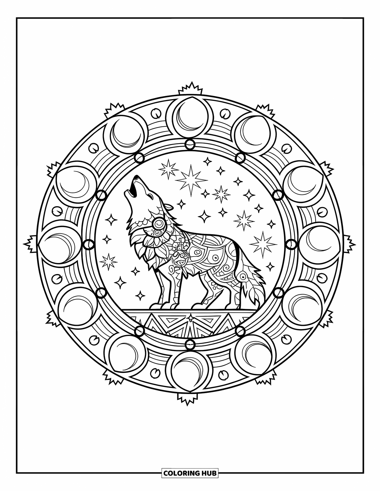 Mythical Wolf Coloring Page for Adults: Spirit wolf howls in a detailed mandala of stars, moons, and symbols