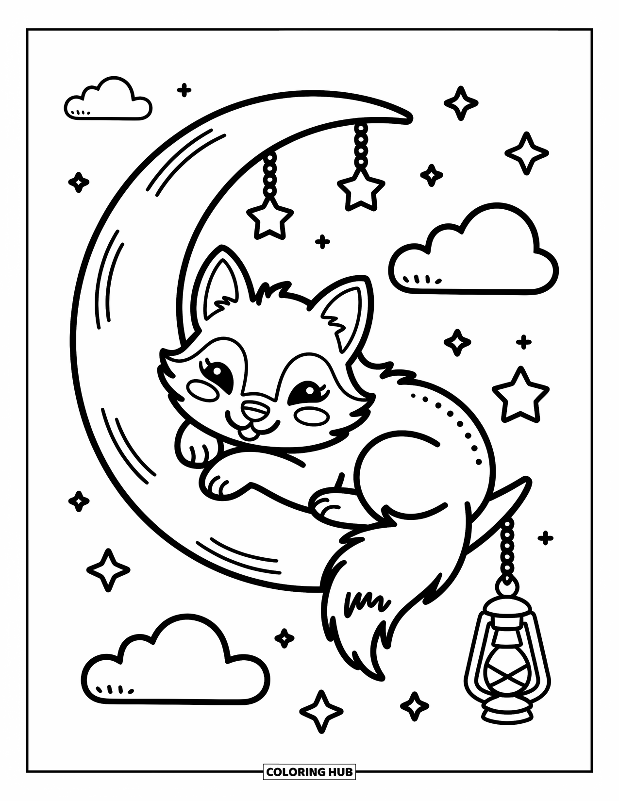 Mythical Wolf Coloring Page for Adults: Sweet wolf sleeps on a moon with stars above and clouds below