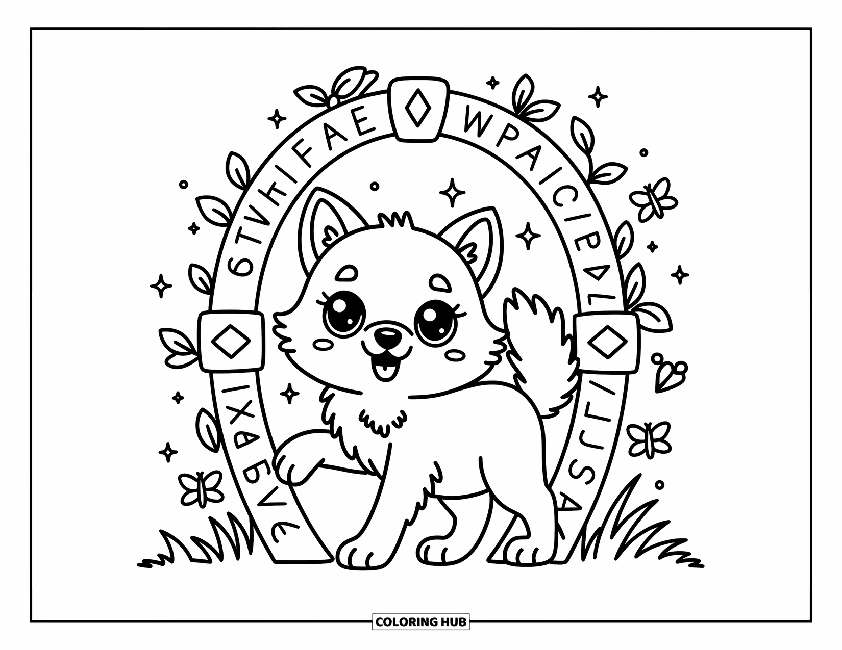 Mythical Wolf Coloring Page for Adults: Wolf peeks through a glowing portal with cozy vines and fluttering butterflies
