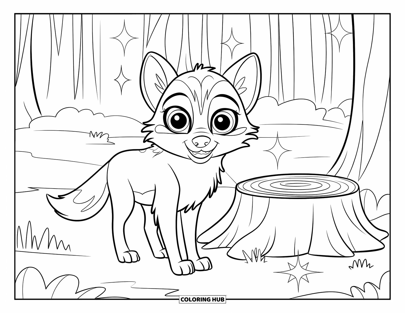 Mythical Wolf Coloring Page for Kids: Adorable wolf with fluffy fur stands near a stump in a quiet forest