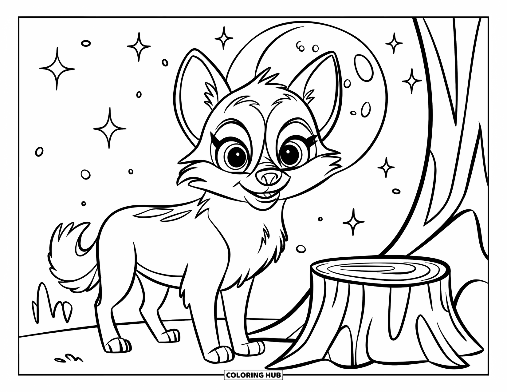 Mythical Wolf Coloring Page for Kids: Big-eyed wolf stands near a stump with moonlight twinkling above