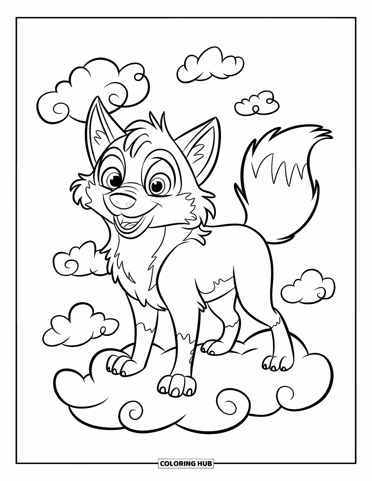 Mythical Wolf Coloring Page for Kids: Cheerful wolf with fluffy tail plays in the clouds with a happy grin