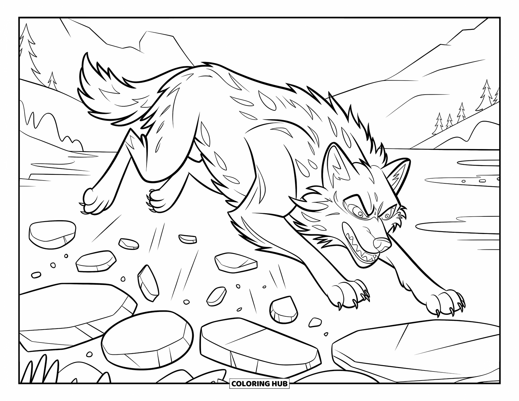 Mythical Wolf Coloring Page for Kids: Fierce wolf soars over floating stones in a peaceful mountain scene