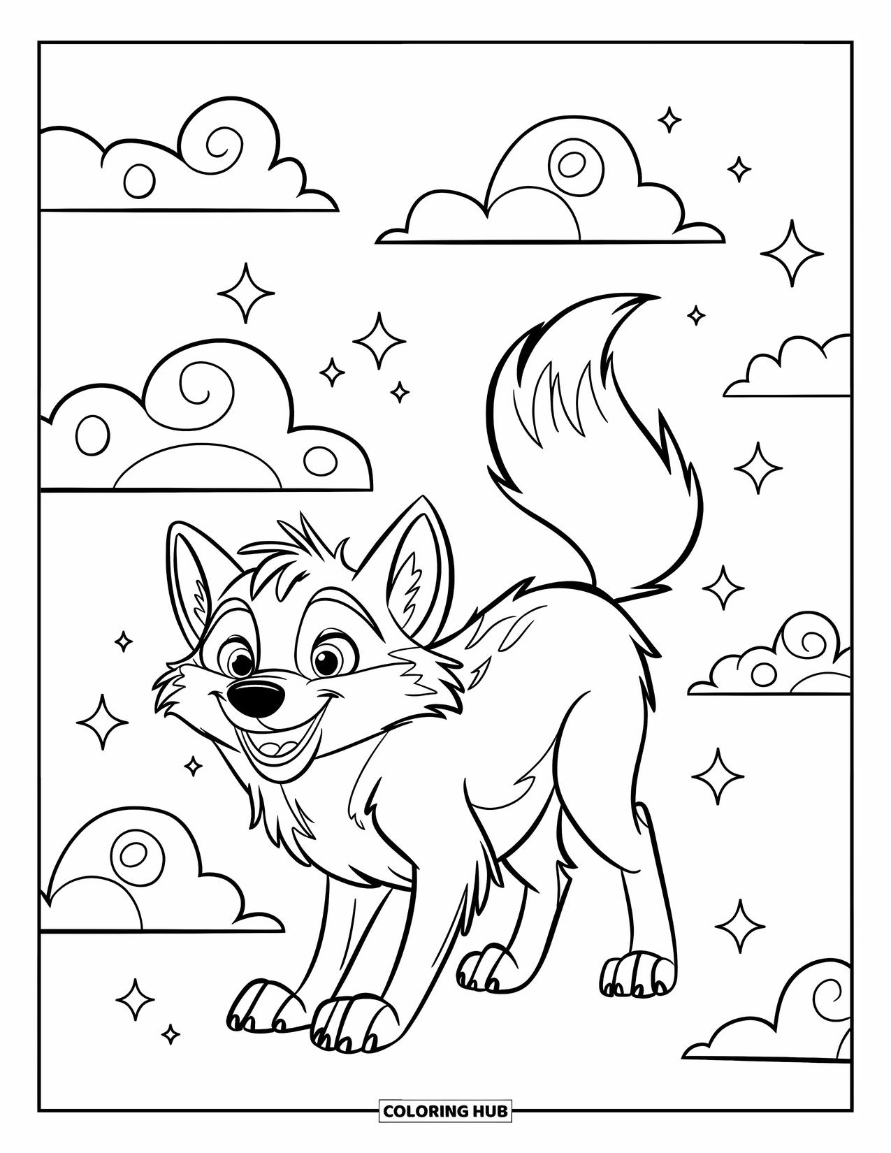 Mythical Wolf Coloring Page for Kids: Happy wolf surrounded by big, puffy clouds and playful sparkles