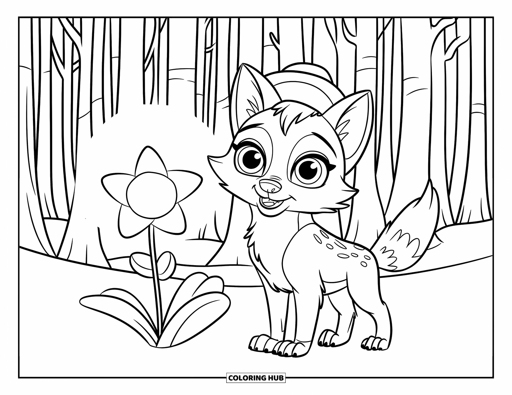 Mythical Wolf Coloring Page for Kids: Little wolf with a round hat stands beside a glowing flower in the forest
