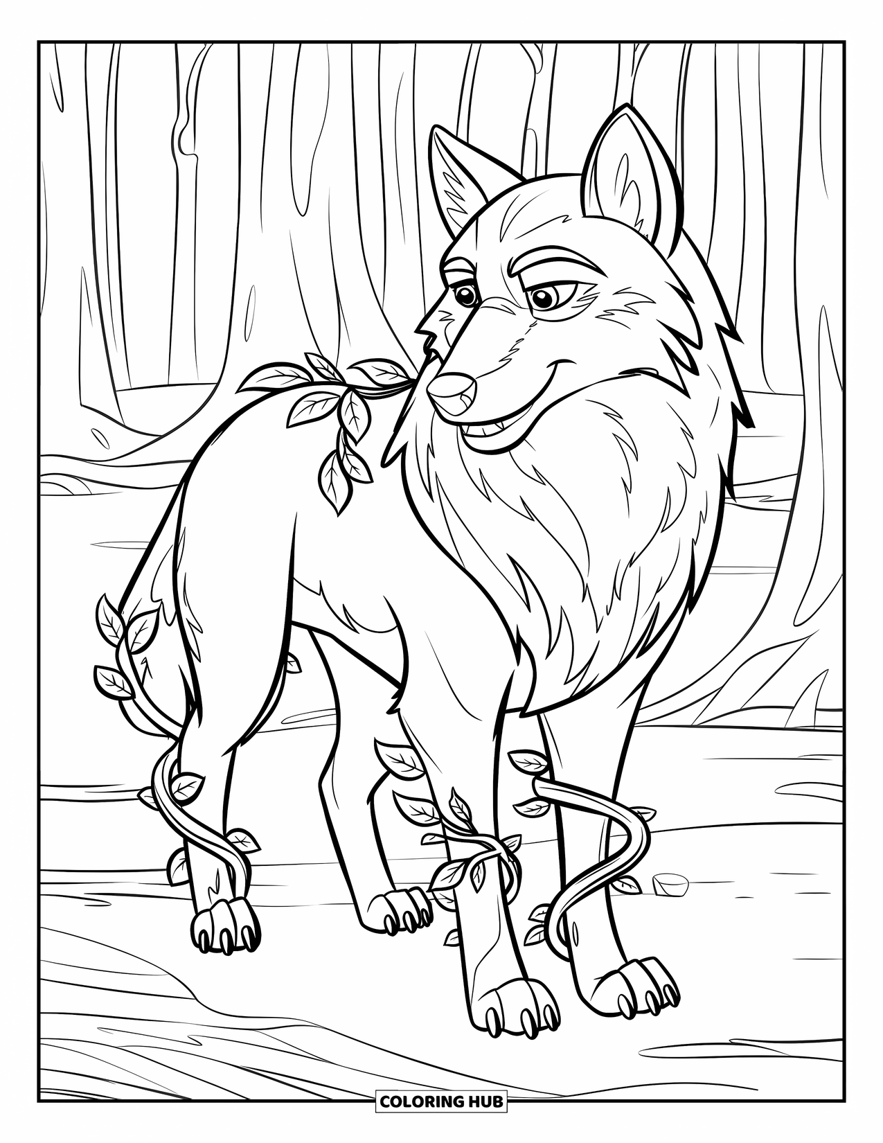 Mythical Wolf Coloring Page for Kids: Majestic vine-wrapped wolf stands tall in a forest of trees
