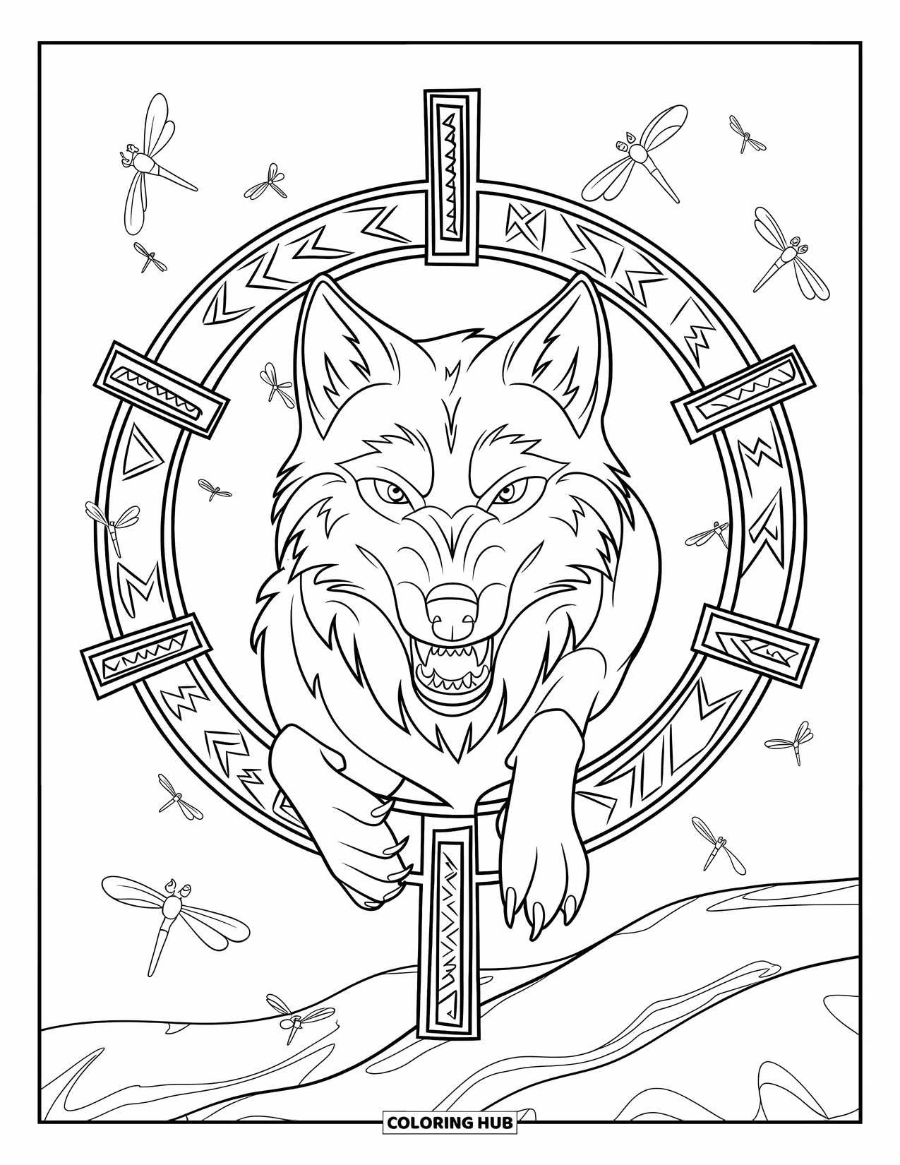 Mythical Wolf Coloring Page for Kids: Mythical wolf howls beneath floating runes and glowing fireflies