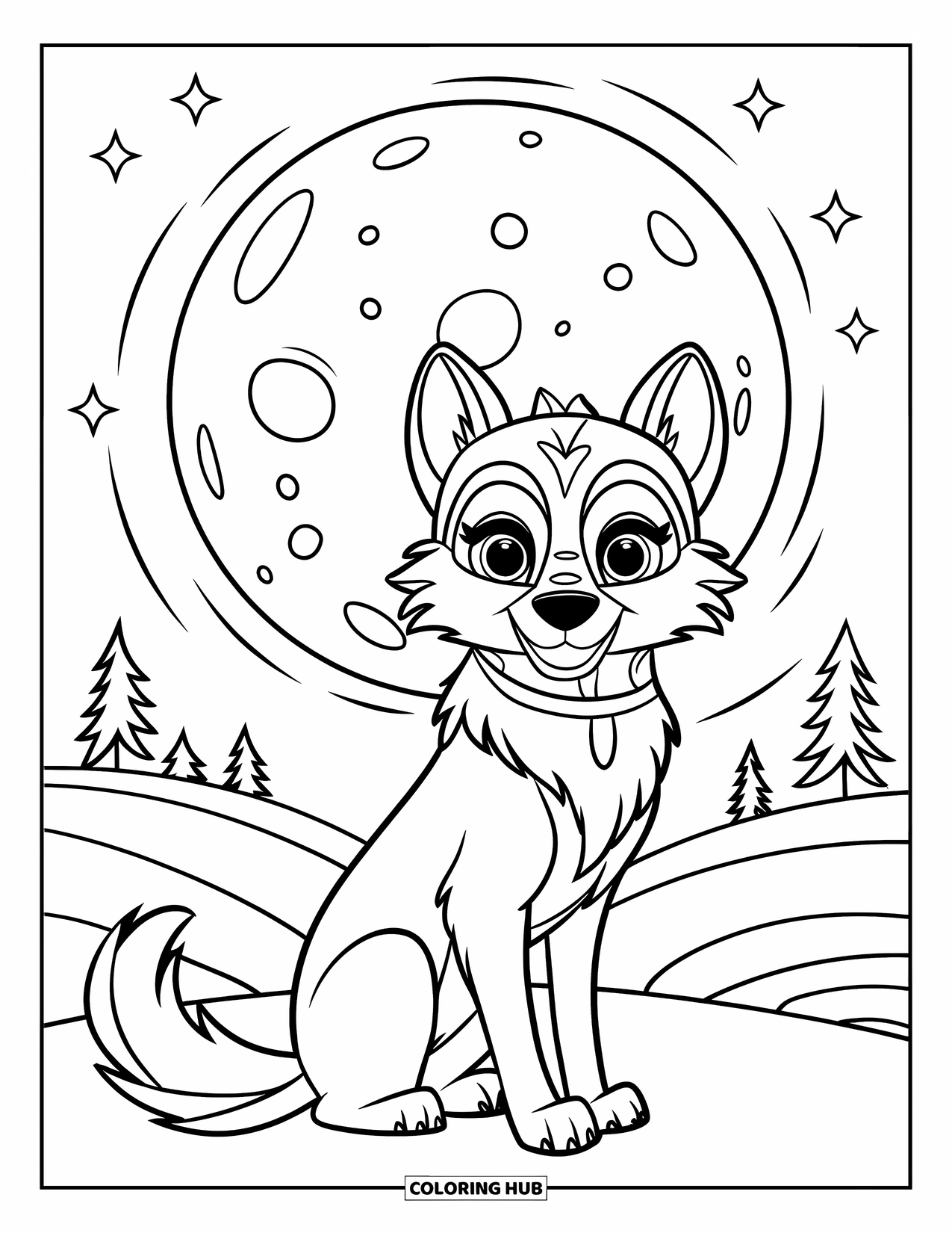 Mythical Wolf Coloring Page for Kids: Mythical wolf with big eyes sits under a full moon and twinkling stars