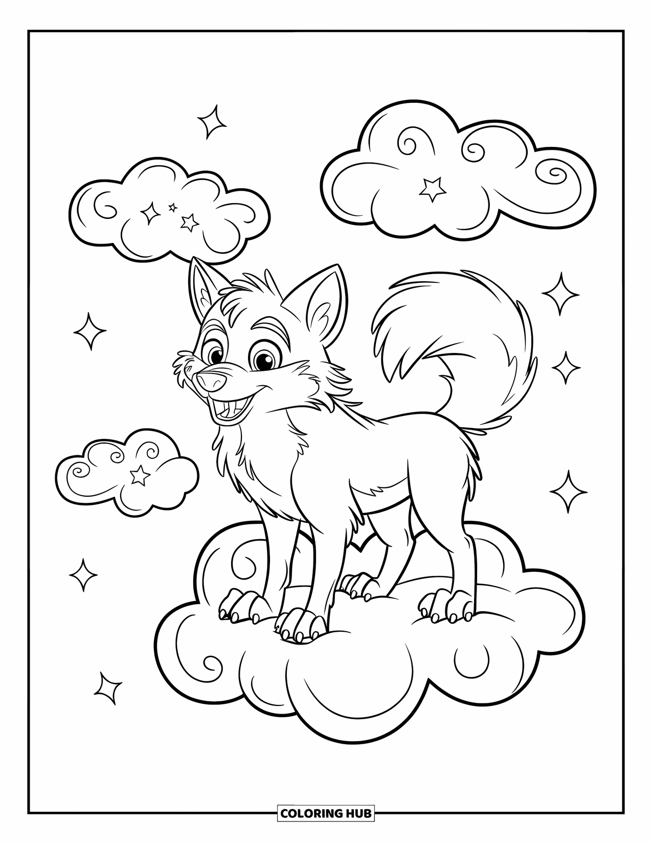 Mythical Wolf Coloring Page for Kids: Playful wolf smiles while floating on a cloud with twinkling stars