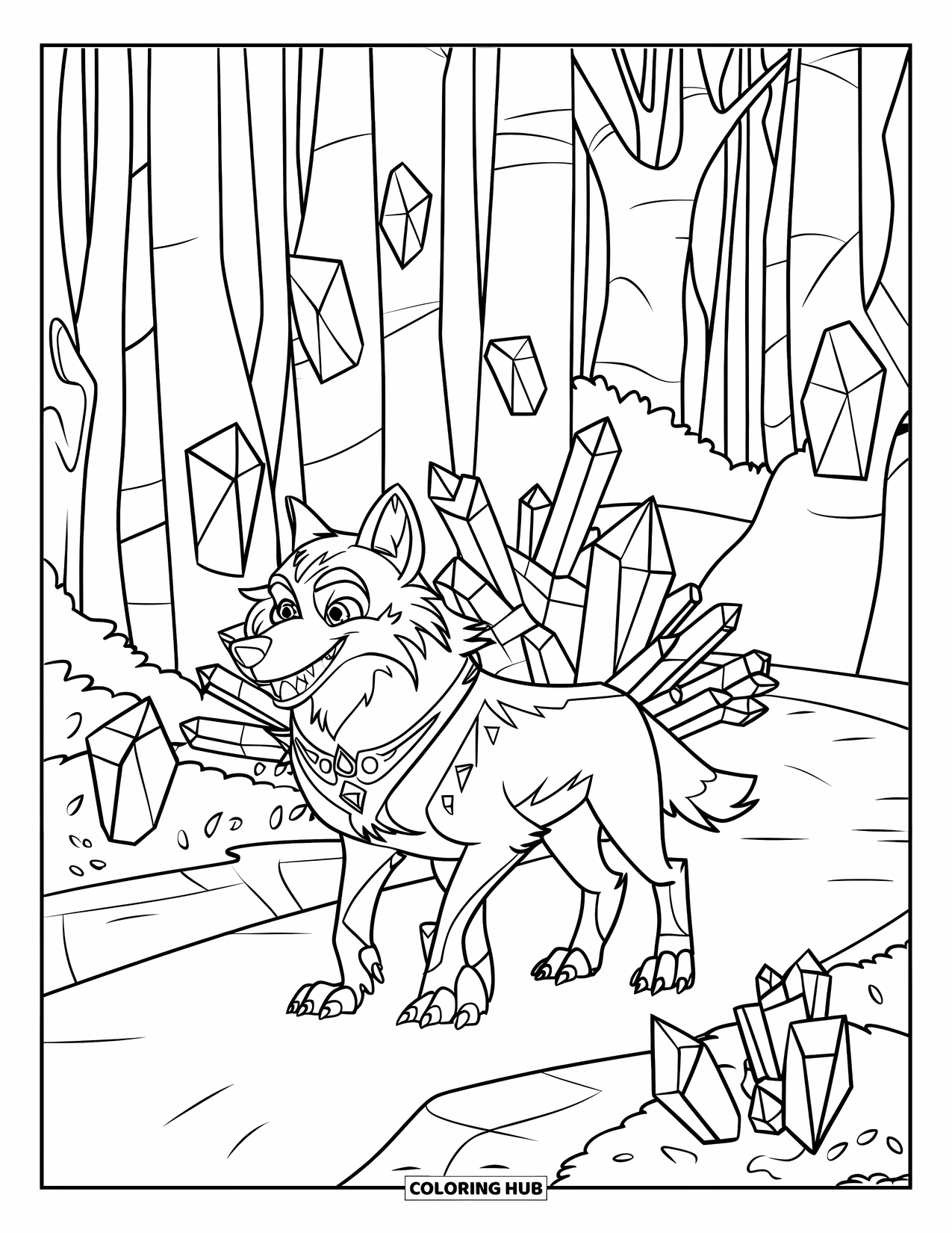 Mythical Wolf Coloring Page for Kids: Smiling wolf with a golden collar stands on a crystal path in the woods
