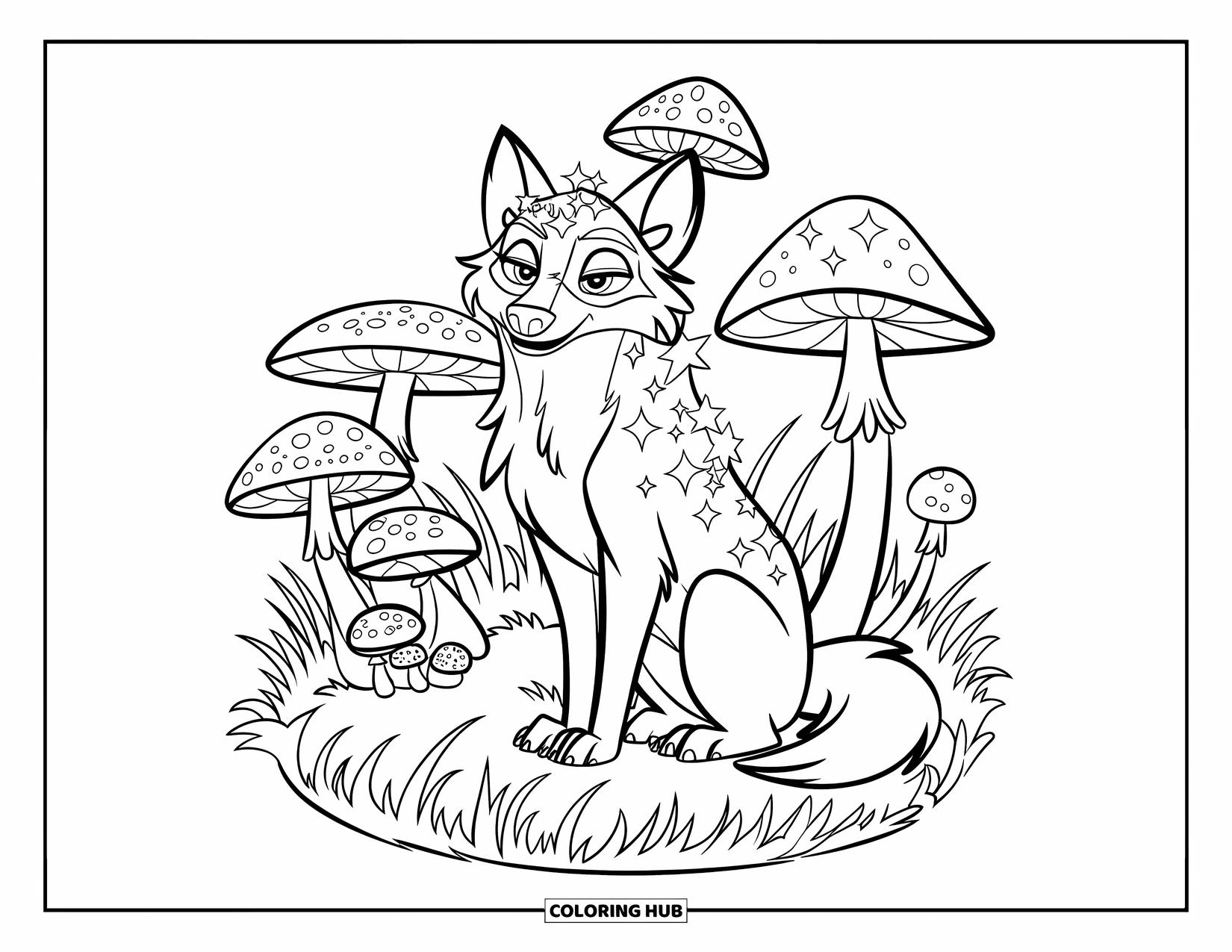 Mythical Wolf Coloring Page for Kids: Starry-maned wolf surrounded by glowing mushrooms and soft grass