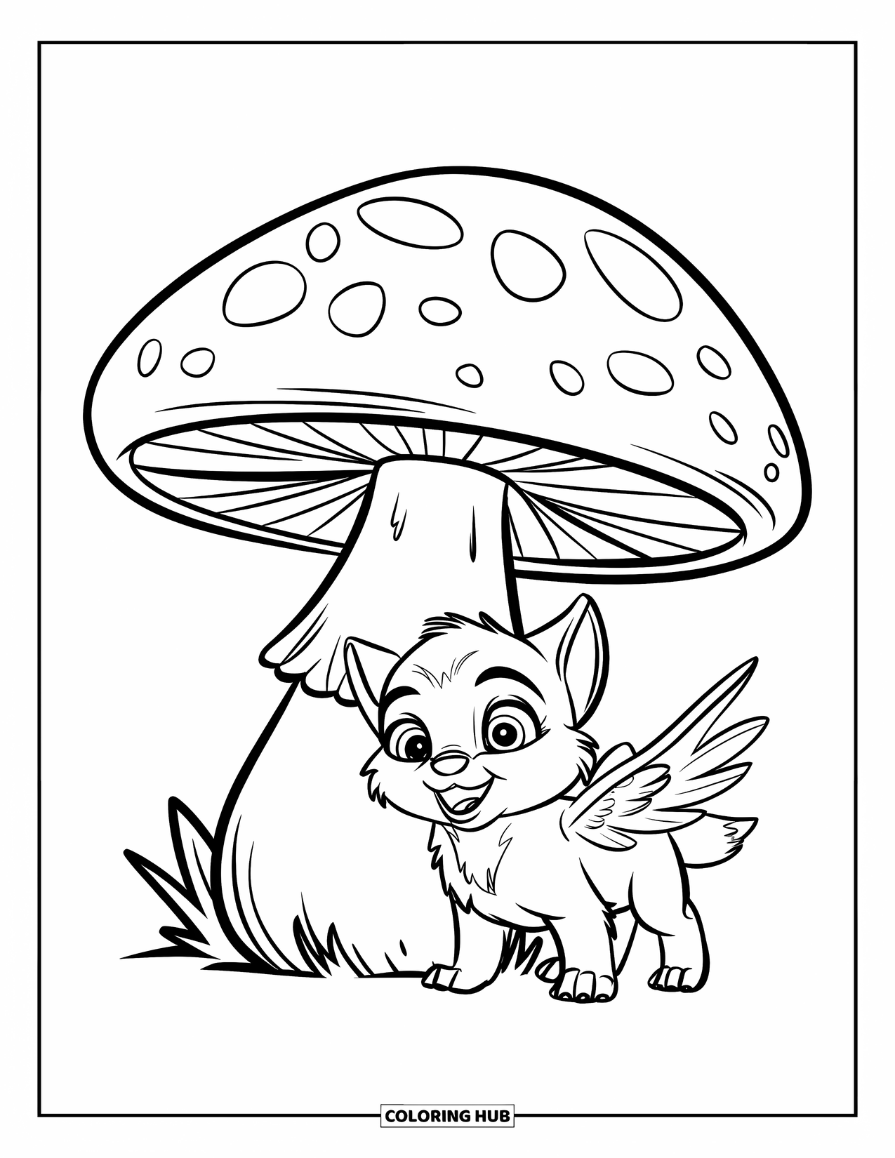 Mythical Wolf Coloring Page for Kids: Tiny winged wolf howls beside a giant mushroom in a simple forest scene