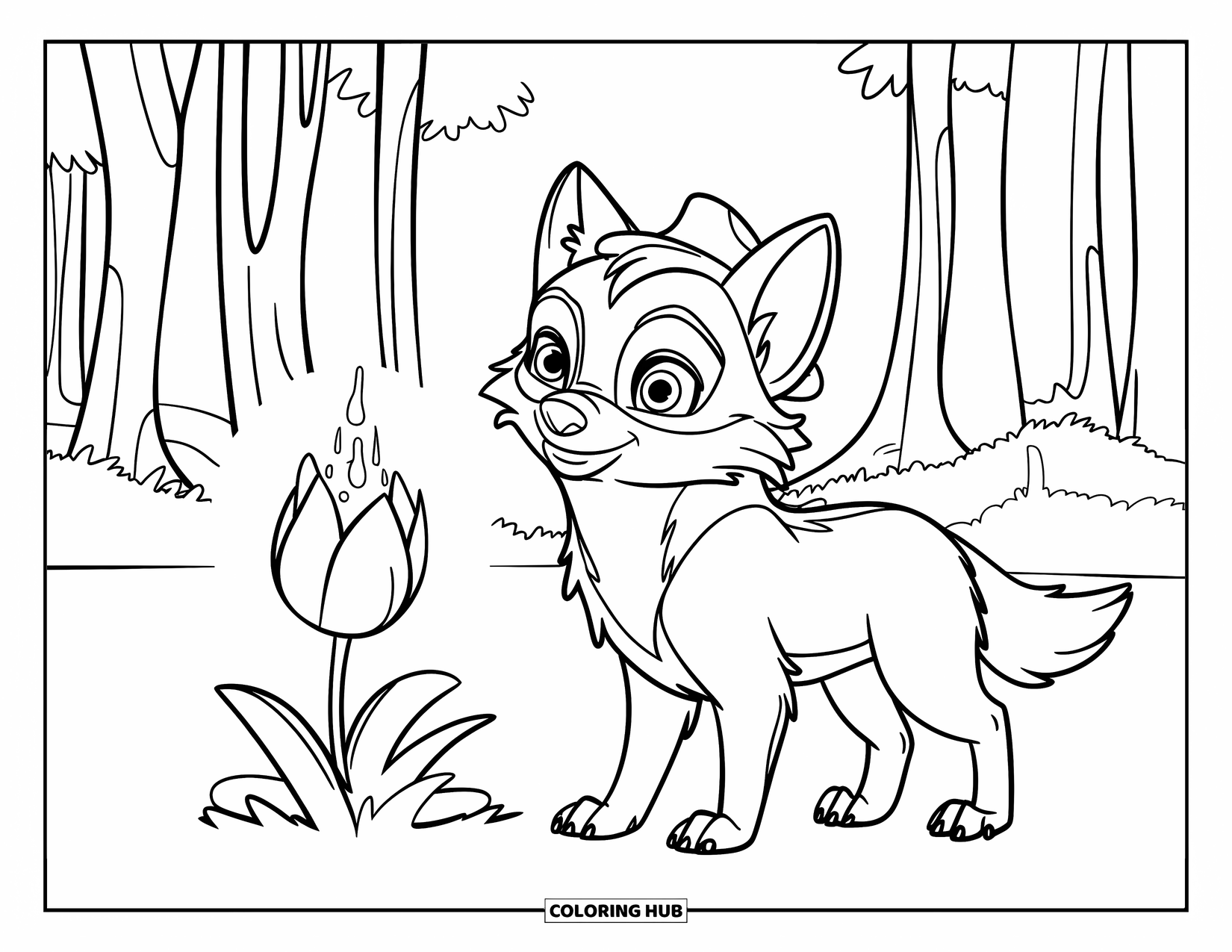 Mythical Wolf Coloring Page for Kids: Tiny wolf with a hat gazes at a glowing flower in the woods