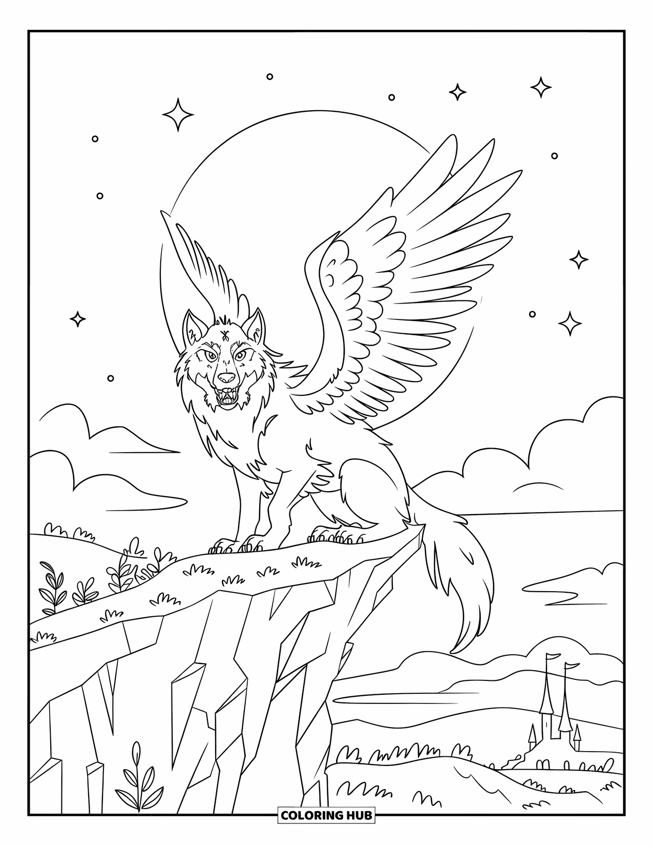 Mythical Wolf Coloring Page for Kids: Winged wolf perches on a cliff beneath a starry moonlit sky