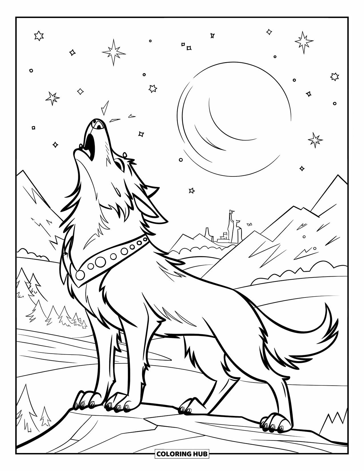 Mythical Wolf Coloring Page for Kids: Wolf howls at the star-filled moon while standing on rocky ground