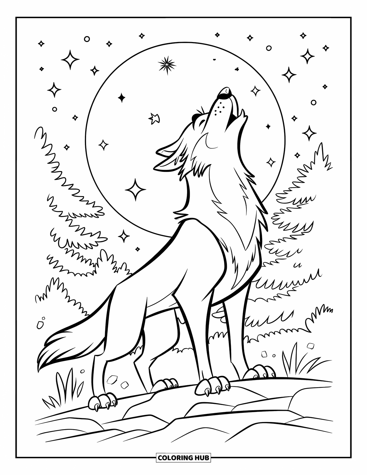 Mythical Wolf Coloring Page for Kids: Wolf howls proudly under a moonlit sky filled with stars and magic