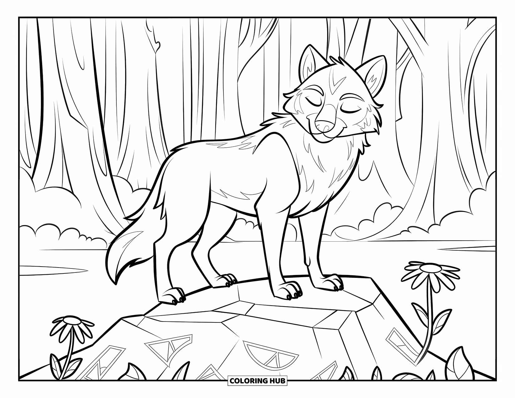 Mythical Wolf Coloring Page for Kids: Wolf rests on a rock with glowing symbols and blooming moonflowers