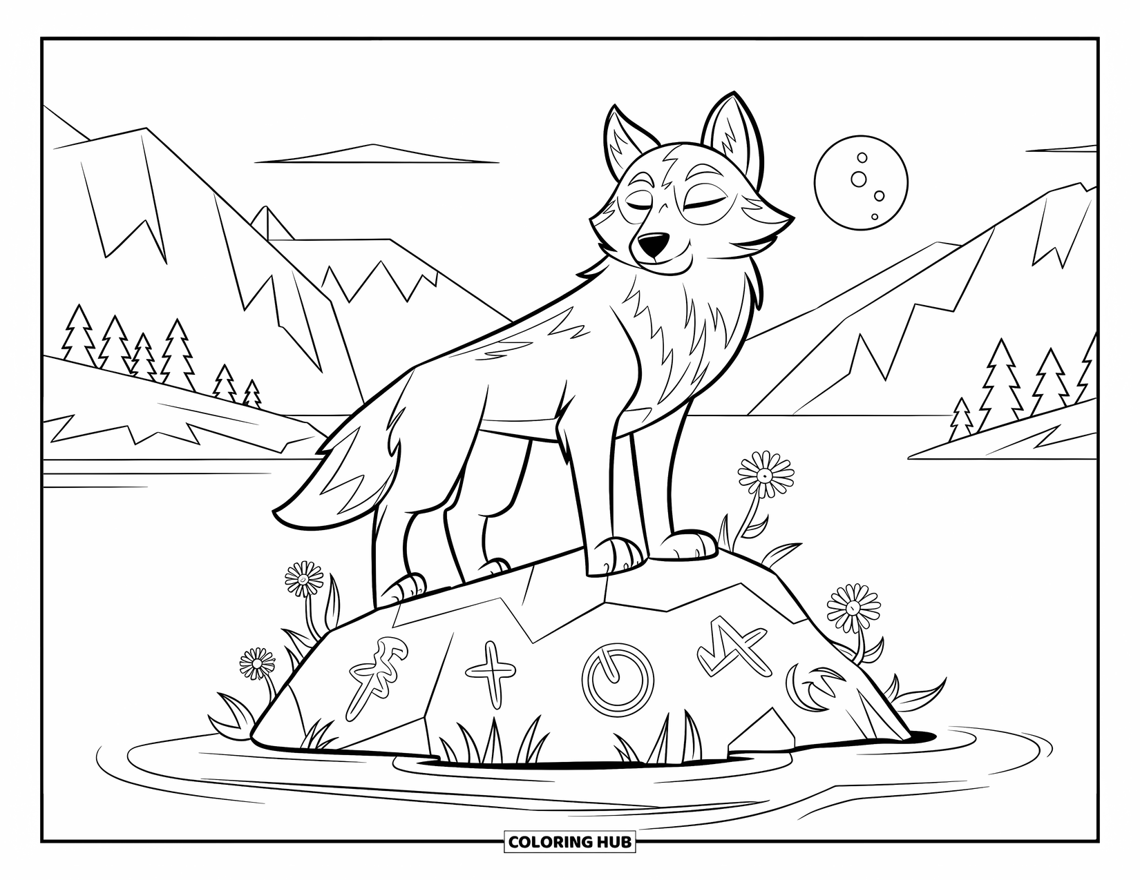 Mythical Wolf Coloring Page for Kids: Wolf stands calmly on a rune-covered rock surrounded by moonflowers