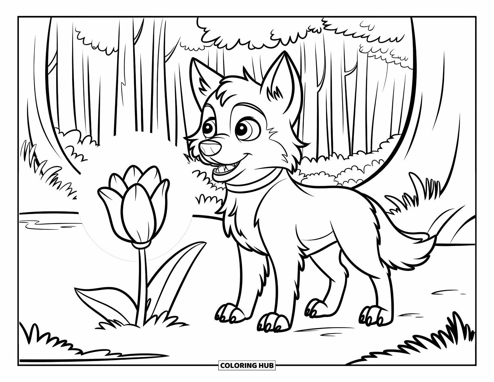 Mythical Wolf Coloring Page for Kids: Wolf with pointy ears sits by a glowing flower under tall forest trees