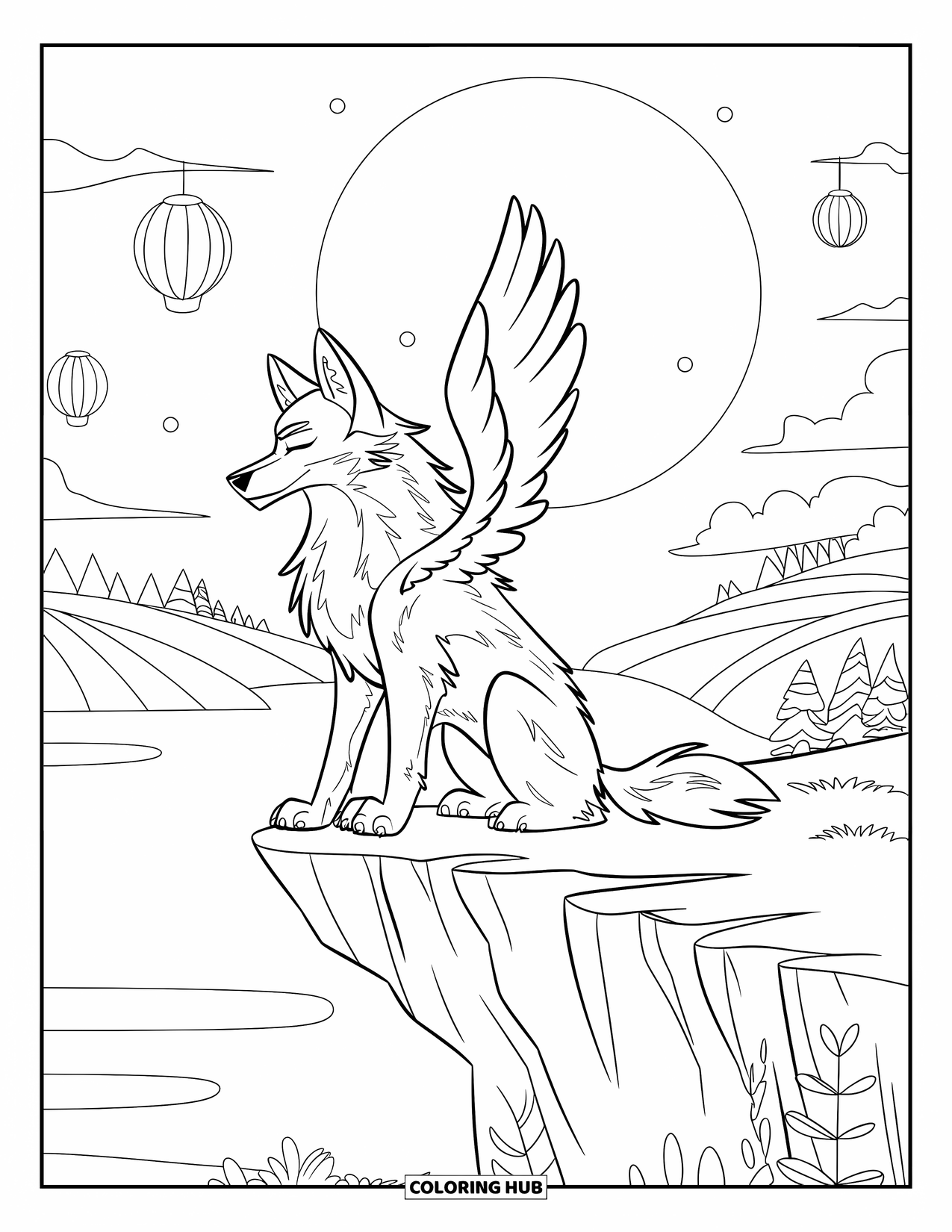 Mythical Wolf Coloring Page for Kids: Wolf with wings rests peacefully above a glowing lantern-lit landscape