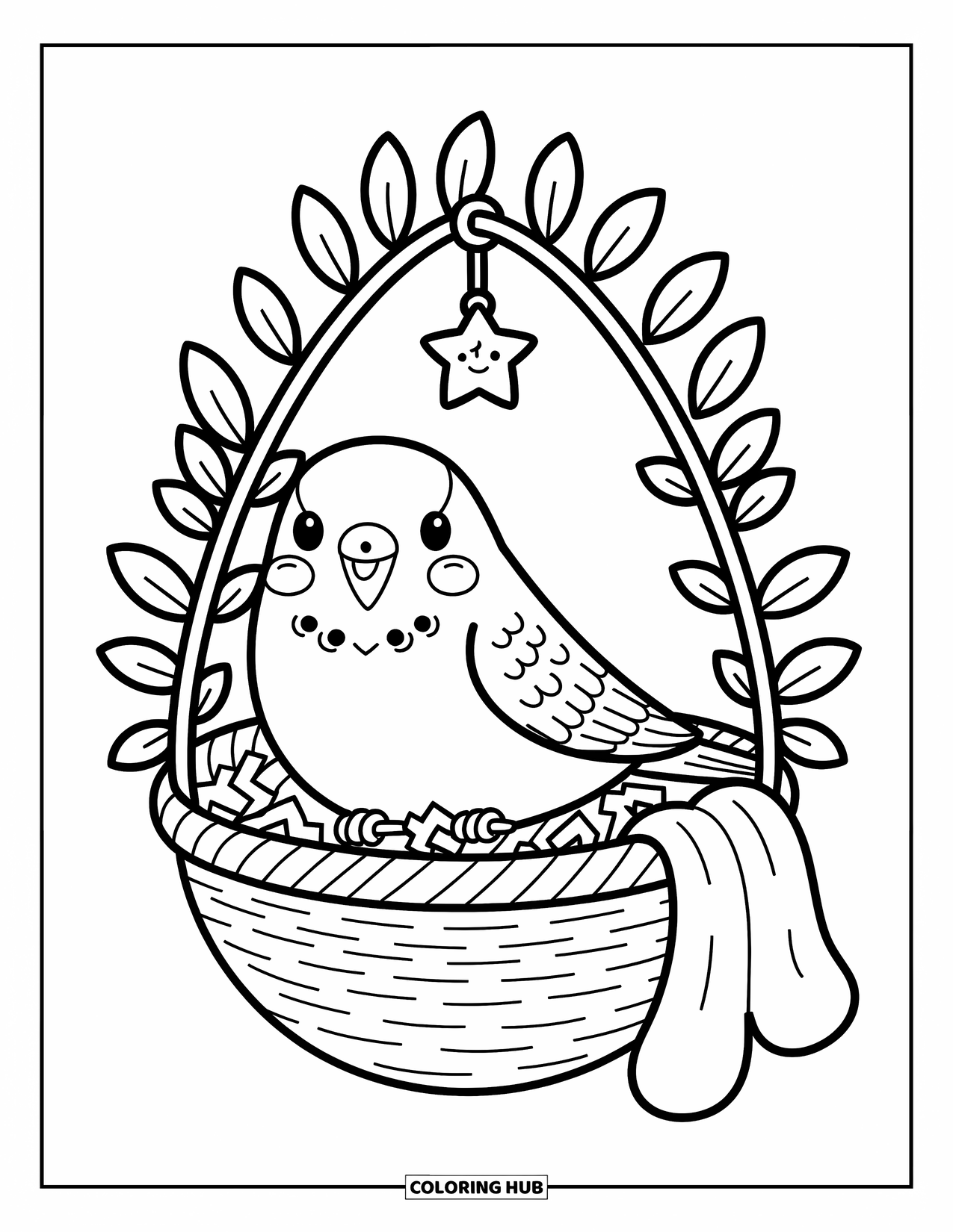 Parakeet Coloring Page for Adults: Chubby parakeet tugs a star charm in a cozy hanging basket with toys and leaves