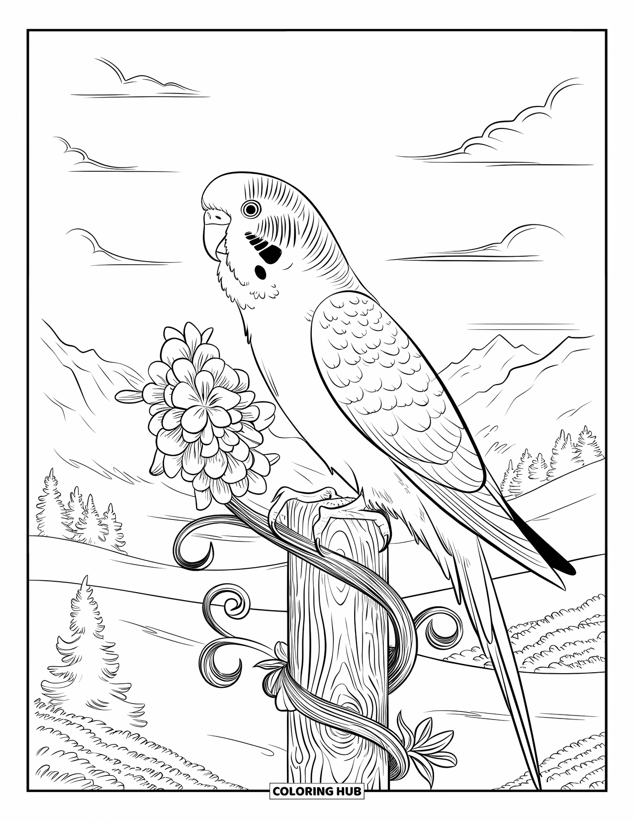 Parakeet Coloring Page for Adults: Curious parakeet rests on a vine-covered post overlooking trees and sky